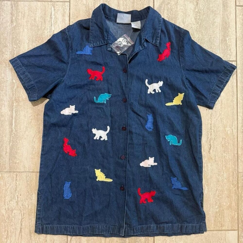 VTG 90s Blair Cat Denim Button Up Shirt L NWOT Eclectic Grandpa Teachercore